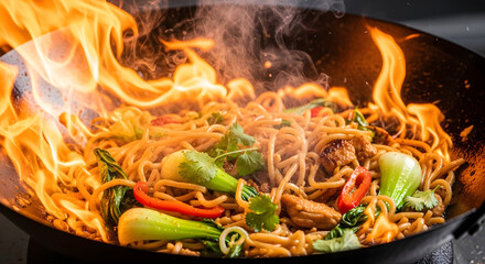 Fiery Wok Stir-Fry: Noodles Vegetables and Flames in Asian Cuisine.