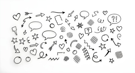 A collection of hand-drawn doodle sketch elements including arrows, hearts, and speech bubbles, isolated on a white background for creative ideas