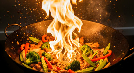 Stir-fry with Flames: A Culinary Delight in Motion.