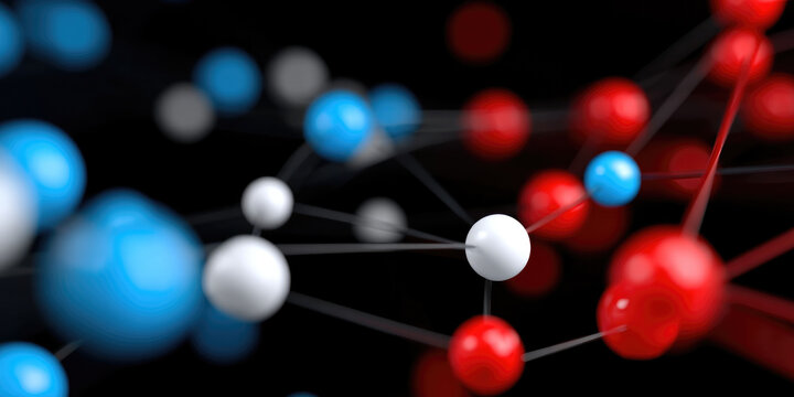 Molecule structure science chemistry connection atom blue red white abstract background closeup technology 3D render