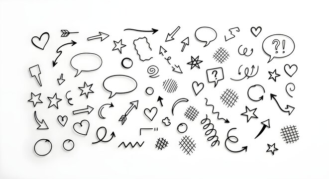 A collection of hand-drawn doodle sketch elements including arrows, hearts, and speech bubbles, isolated on a white background for creative ideas