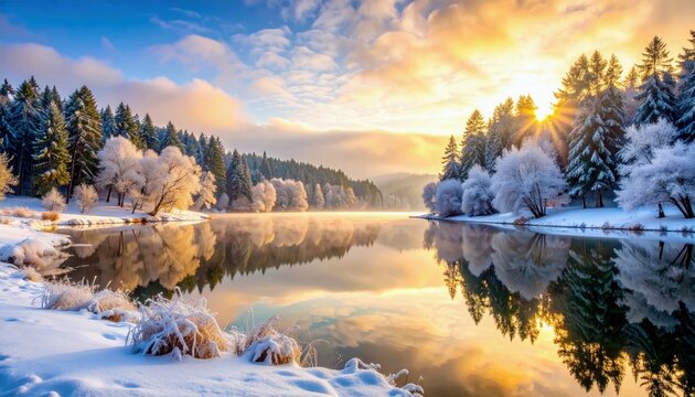 A tranquil winter landscape featuring a calm lake surrounded by snow-covered trees and a vibrant sunrise casting golden light.