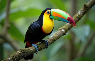 Obraz premium Colorful toucan bird perches on mossy tree branch in rich green rainforest jungle. Exotic avian wildlife with large vibrant beak looks alertly on background of dense foliage. Natural habitat scene of
