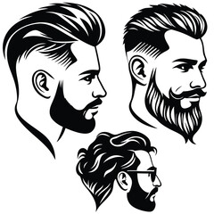 showing side profiles of three men with distinct hairstyles and beards in black and white