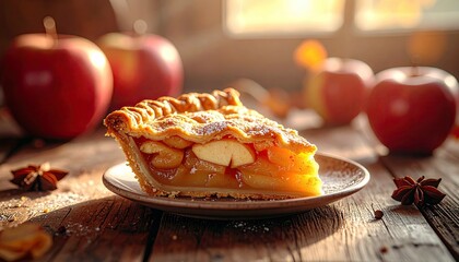A close-up of a delicious slice of apple pie sits on a plate, surrounded by whole red apples and star anise on a wooden surface.