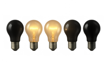 Lightbulbs showing idea, innovation, inspiration, a row of lamps with two illuminated on transparent background