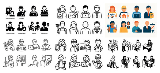 Diverse professions icons in black and color