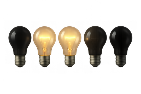 Lightbulbs showing idea, innovation, inspiration, a row of lamps with two illuminated on transparent background