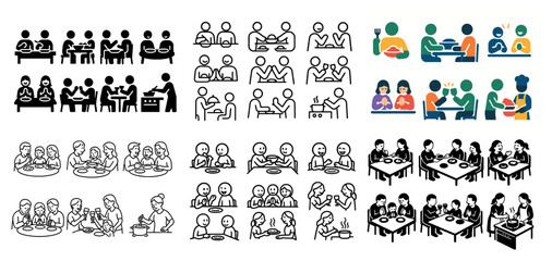 Diverse group dining together in various styles