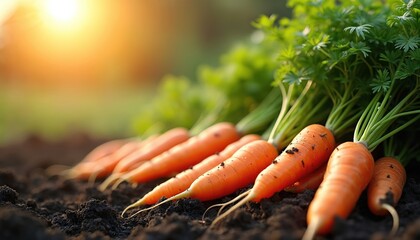 Freshly harvested organic carrots with vibrant green tops displayed on dark fertile garden soil. Warm golden hour light illuminates healthy root vegetables. Bountiful autumn crop represents diligent