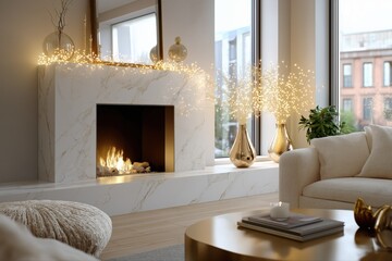 Cozy modern living room with marble fireplace and elegant gold decor