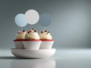 Three vanilla cupcakes with white frosting and round topper on white plate, minimal background, soft lighting, elegant and inviting