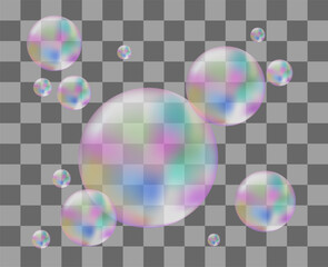 3d Holographic Soap Bubbles. Realistic Air Bubbles on a transparent background. Flying soap bubbles, vector illustration.