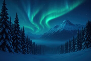 A beautiful night sky with aurora borealis and mountains in the background