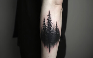 Black and white graphic illustration of pine trees in forest silhouette. Minimalist tattoo design on arm. Stylized nature scene. Black ink art.
