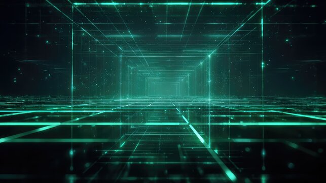 Digital data network cyberspace tunnel with glowing grid