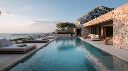 Fototapeta premium Modern villa with stunning pool and mountain views at sunset near the coast of a picturesque location