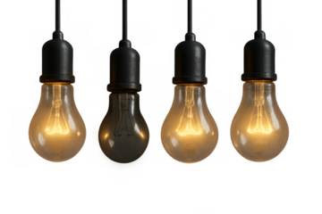 Hanging light bulbs showing one dark bulb among three illuminated for uniqueness and new ideas