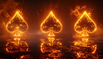 A fiery digital illustration showcasing three glowing spade symbols on a reflective surface, framed by flame effects