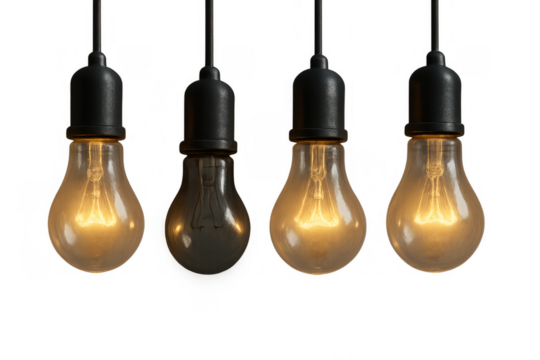 Hanging light bulbs showing one dark bulb among three illuminated for uniqueness and new ideas