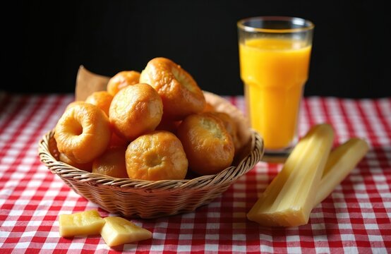 Basket of golden fried pastries, like mini donuts, sits on red white checkered tablecloth. Glass of fresh sugarcane juice, peeled sugar cane pieces nearby. Simple meal shows Brazilian food culture,
