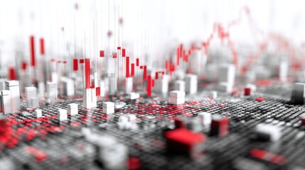 Data visualization of stock market trends displayed in red and white colors against a blurred background showcasing fluctuating graphs