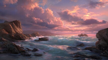 Sunset over the rocky shoreline with vibrant clouds reflecting on the calm ocean water