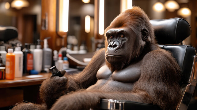 a monkey sits in a barber's chair surrounded by grooming products, humorous concept, copy space