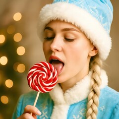 A woman is eating a red and white lollipop