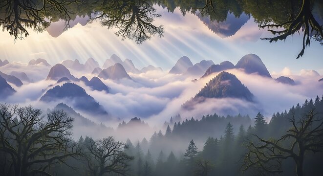 Sunlight Piercing Through Clouds Over Majestic Mountain Range and Lush Forest.