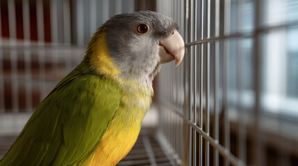 Side view of sickly parrot with loose feather in cage, green and yellow plumage, sad expression, indoor light