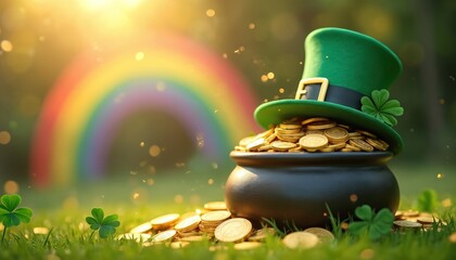 Obraz premium Pot brimming with gold coins under leprechaun hat. Rainbow arcs in background. Clovers dot green grass in bright sunlight. St Patricks Day symbol.