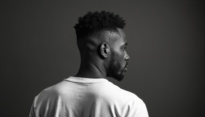 Studio portrait of young African American man in profile. Stylish fade haircut, beard. Man wears simple white t-shirt. Gaze directed to right, suggesting focus contemplation. Black, white rendering