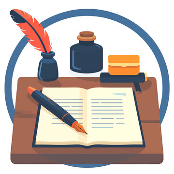 Illustration of an Open Book with Fountain Pen Inkwell and Feather on Wooden Table Isolated on White Background