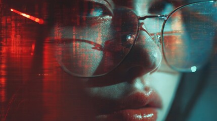 Young woman with glasses focused on digital technology in a neon-lit setting during the night