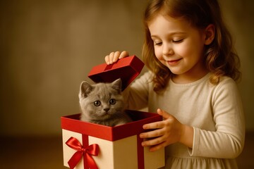 A little girl is opening a red box with a cat inside