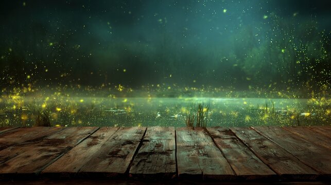 Sparkling fireflies dance above a serene lake during a calm evening, casting a magical glow over the wooden dock while nature awakens
