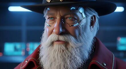 Futuristic holiday hero with glowing cybernetic implants ready for a cyberpunk Christmas season