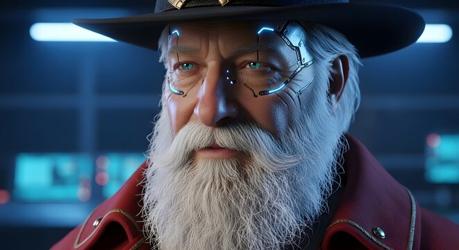 Futuristic holiday hero with glowing cybernetic implants ready for a cyberpunk Christmas season