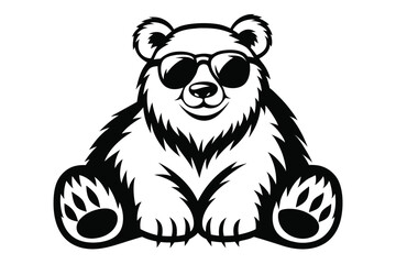 Smiling bear wearing sunglasses sits comfortably, showcasing a cool and relaxed expression in black and white
