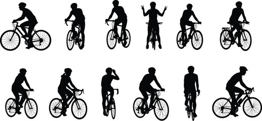 Cyclist silhouette vector set, people riding bicycles, outdoor sport activity, bike riders collection, cycling poses illustration bundle, active lifestyle black silhouettes