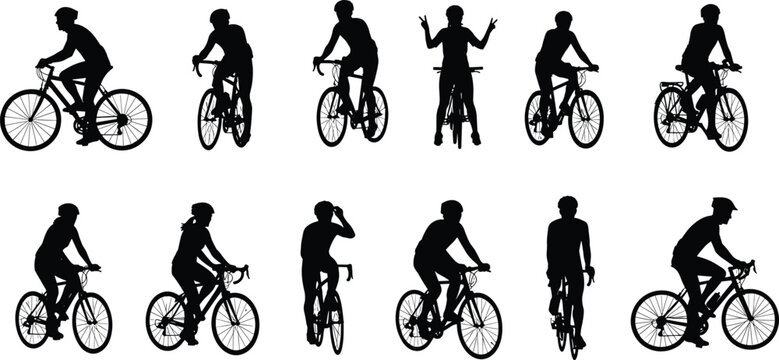 Cyclist silhouette vector set, people riding bicycles, outdoor sport activity, bike riders collection, cycling poses illustration bundle, active lifestyle black silhouettes - Powered by Adobe