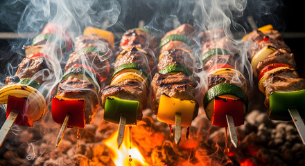 Grilled Meat Skewers with Vegetables on a Fiery Grill.