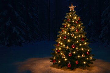 A Christmas tree with red and green lights on it