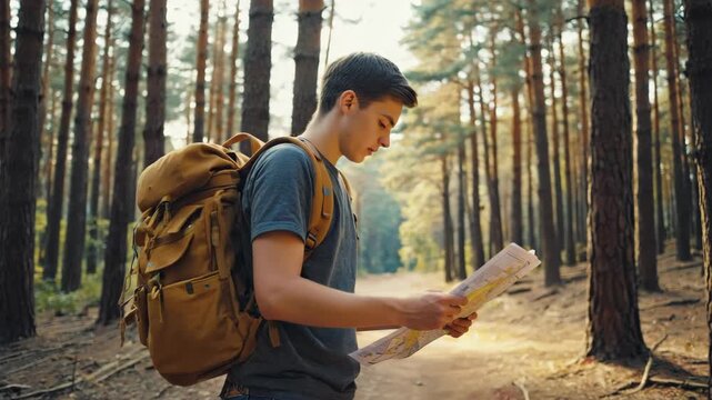 Young man exploring forest trails with a map in hand. 4K Video