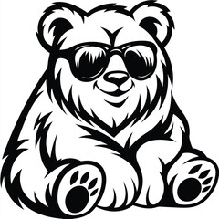 Smiling bear with sunglasses sits playfully, showcasing its adorable paw details in black and white