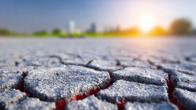 Dried Earth: Dramatic close-up reveals parched earth, a stark reminder of environmental challenges. Sun's rays in background and blurred city. 