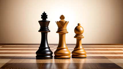 Chess king and pawn pieces with shadow and wooden texture, strategy concept, isolated on a white background