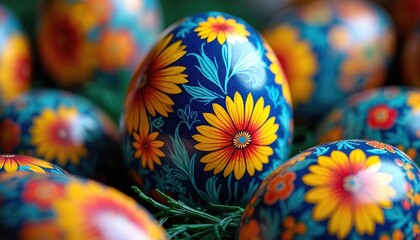 Vibrant Ukrainian Easter eggs show bright floral patterns. Hand painted designs feature yellow flowers, blue leaves on dark blue shells. Beautiful pysanky eggs represent folk art, tradition, rebirth,
