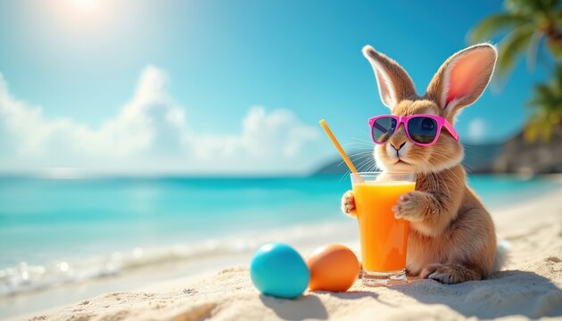 Easter bunny wearing sunglasses relaxes on sandy beach with orange drink and colorful eggs. Rabbit enjoys summer vacation at tropical seaside with clear blue water and palm trees. Happy easter scene. - Powered by Adobe